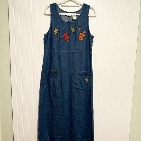 Bobbie Brooks Dresses & Skirts - Vintage Bobbie Brooks Denim Jumper Dress Autumn Fall Leaf Embroidery Size 12/14